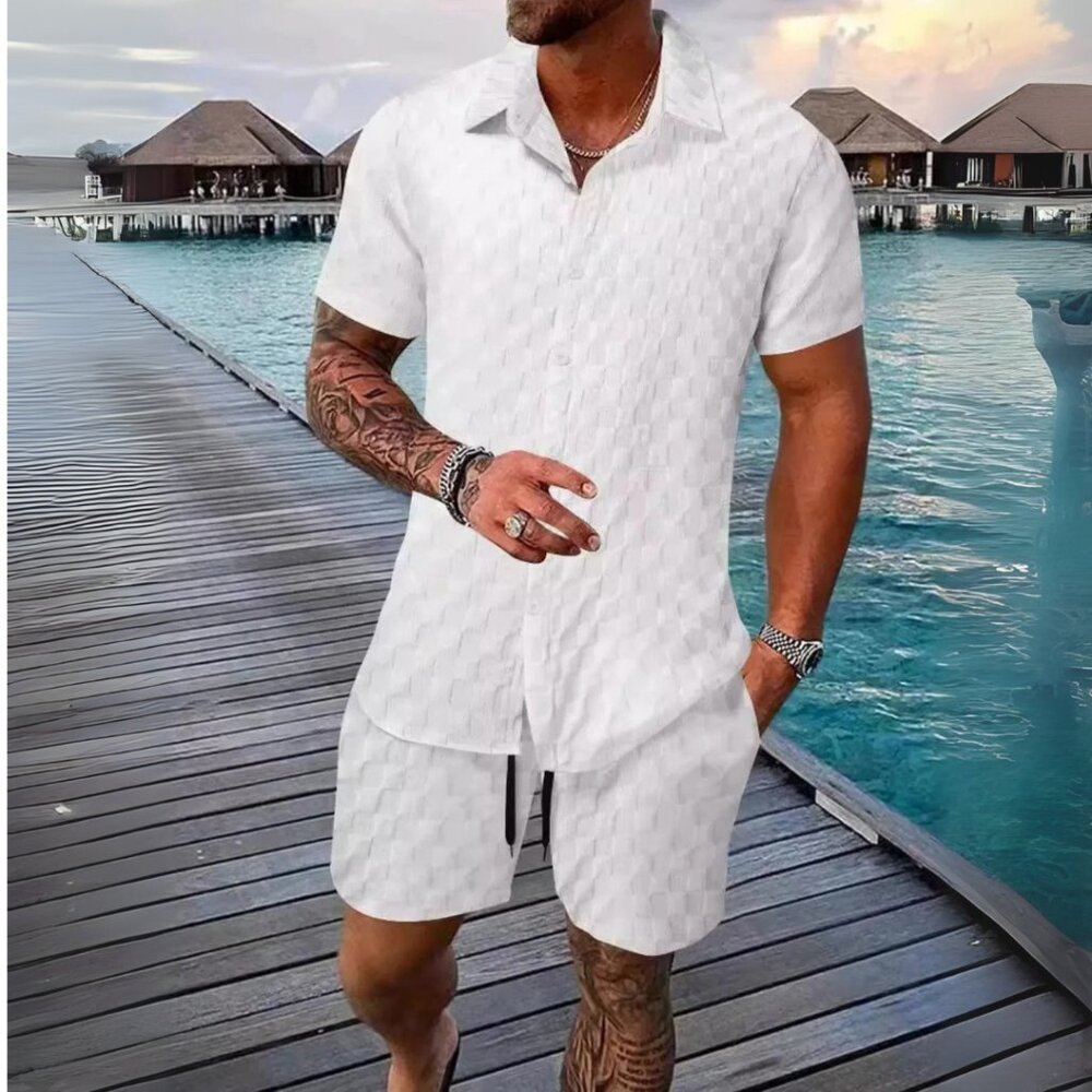 Men's White Collared Neck Short Sleeve Top & Shorts Resort Outfit